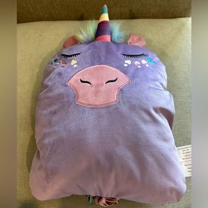 Unicorn travel pillow face rest hand warmer hidden pocket
